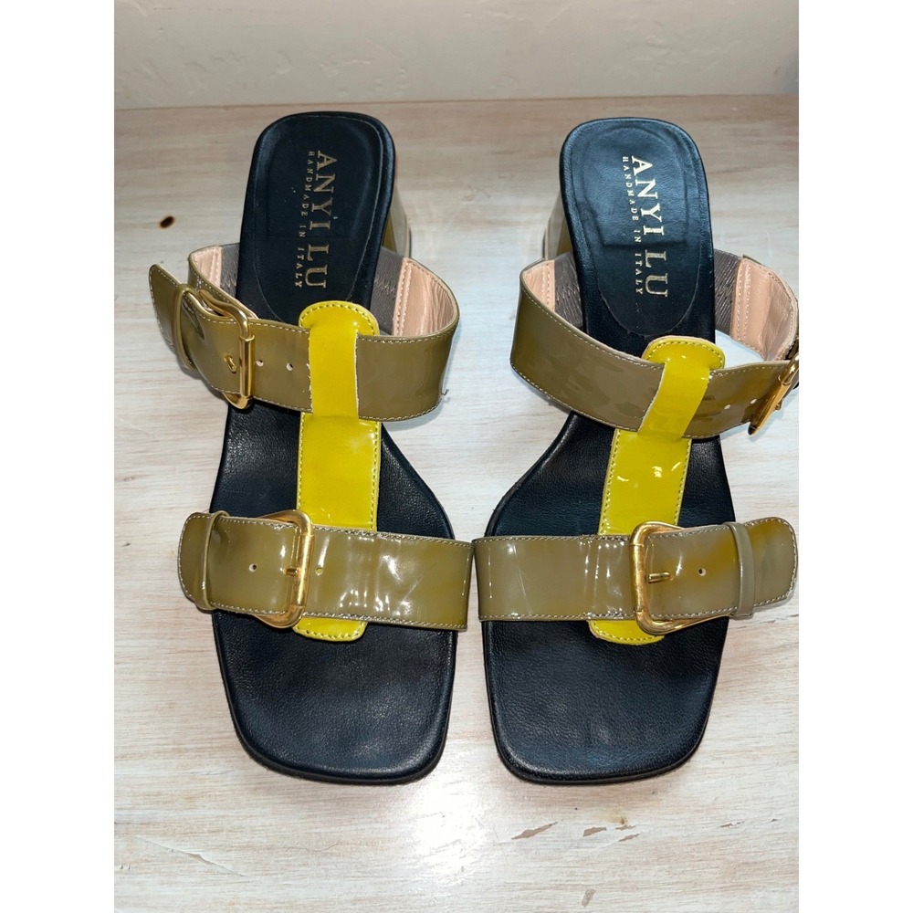 Anyi Lu Olive Green Patent Leather Block Heel Square Toe Slides Sandals